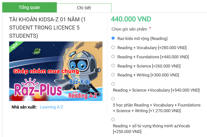 Mua tài khoản Raz-kids và các combo chương trình khác trên Con Tự Học